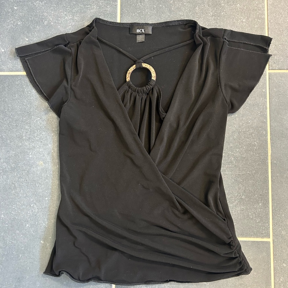 BCX Black Blouse with Unique Ring Detail